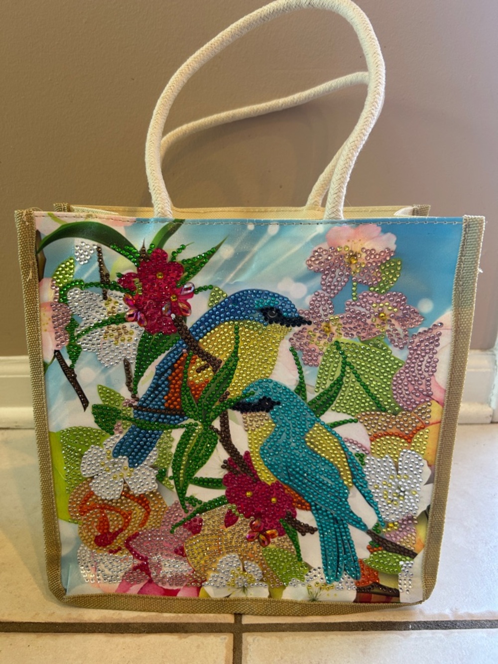 Beaded Tropical Bird Tote Bag - Blue & Yellow